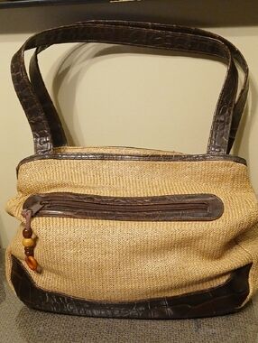 Woven Straw Tote Bag with Brown Crocodile Embossed Leather Trim - Women